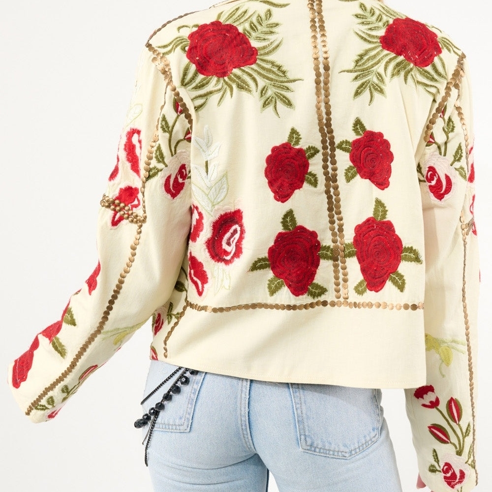 Aratta Cream Leather Jacket with Red Floral Embroidery - Picture 2 of 4